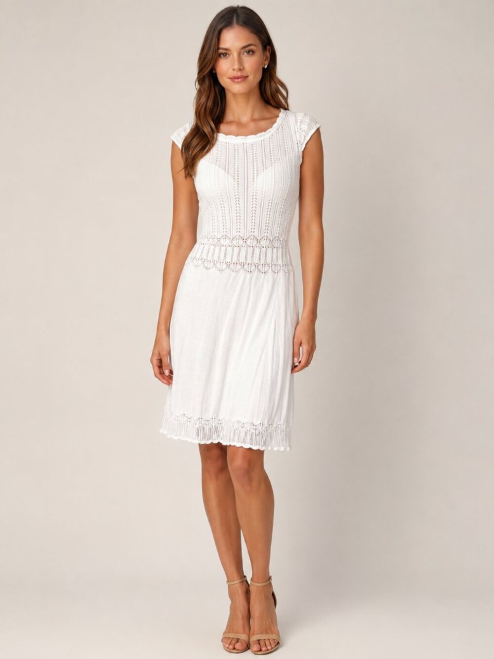 Badgley Mischka Sheer Small White Cotton Pointelle Midi Dress